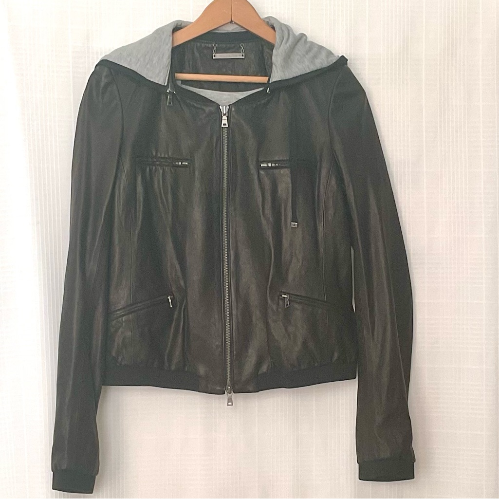 Diane Von Furstenberg Black Leather Jacket With Zip Off Draw String Hood